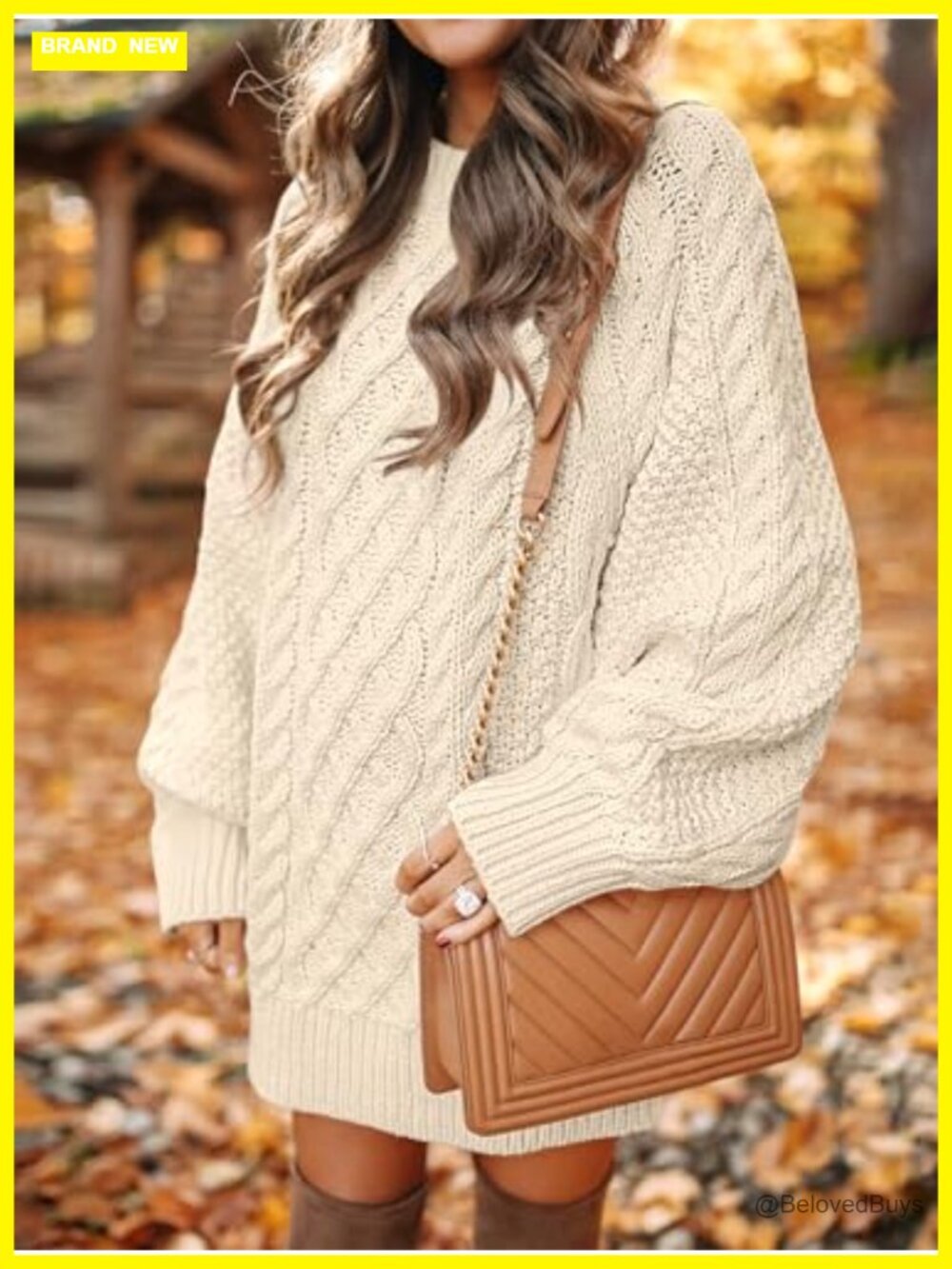 Oversized Cable Knit Sweater Dress Long Sleeve Crewneck Mini Tunic - Picture 2 of 6